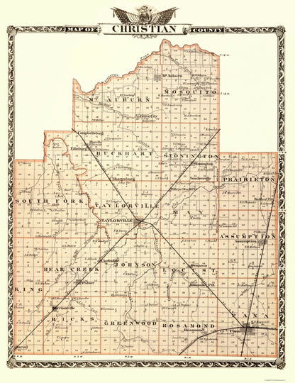 Historic County Map - Christian County Illinois - Warner 1876 - 23 x 29.86 - Vintage Wall Art