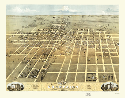 Historic Panoramic View - Champaign Illinois - Ruger 1869 - 23 x 29.37 - Vintage Wall Art