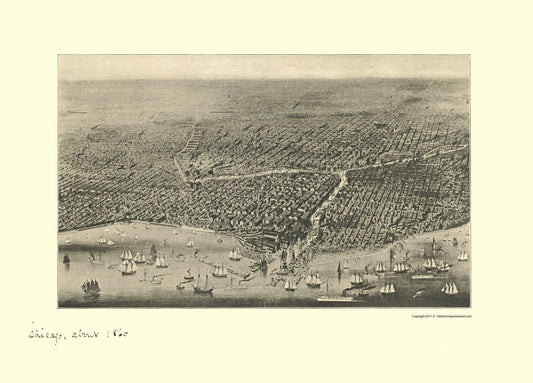 Historic Panoramic View - Chicago Illinois - Davis 1860 - 23 x 32.02 - Vintage Wall Art