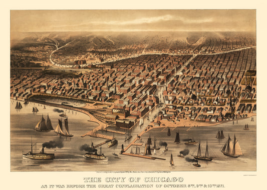 Historic Panoramic View - Chicago Illinois - Davis 1871 - 23 x 32.25 - Vintage Wall Art