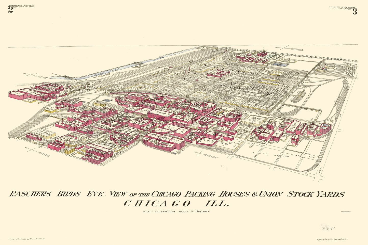 Historic Panoramic View - Chicago Packing Houses Union Stock Yards Illinois - Rascher 1890 - 23 x 34.43 - Vintage Wall Art