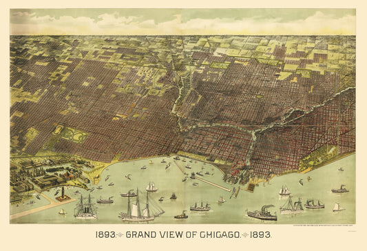 Historic Panoramic View - Chicago Illinois - Reynertson 1892 - 23 x 33.67 - Vintage Wall Art