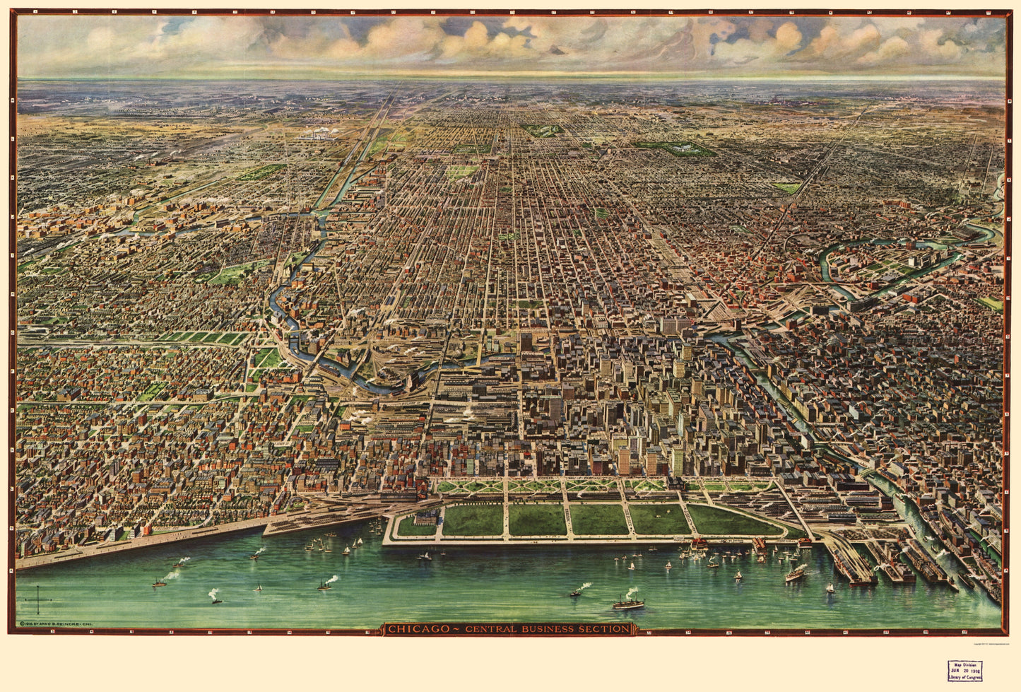 Historic Panoramic View - Chicago Illinois - Reincke 1916 - 23 x 33.94 - Vintage Wall Art