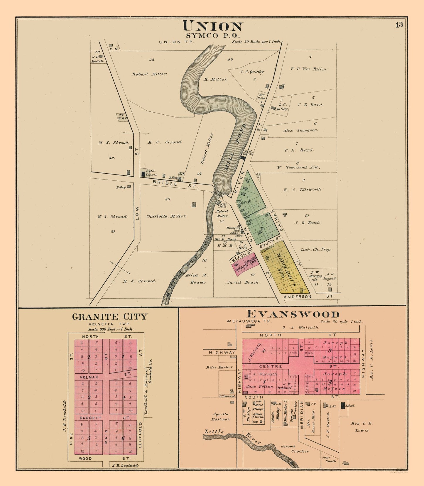 Historic City Map - Union Granite City Evanswood  Wisconsin - Foote 1889 - 23 x 26.37 - Vintage Wall Art