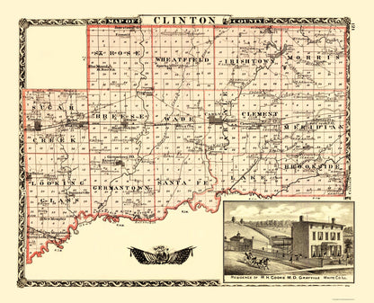 Historic County Map - Clinton County Illinois  - Warner 1870 - 23 x 28.39 - Vintage Wall Art