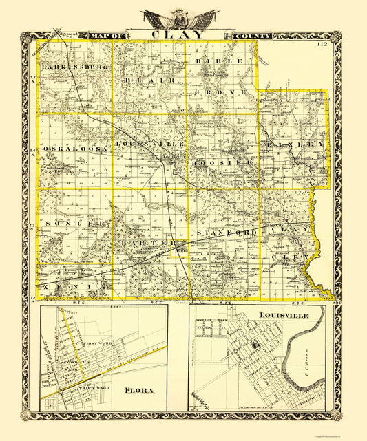 Historic County Map - Clay County Illinois  - Warner 1870 - 23 x 27.66 - Vintage Wall Art