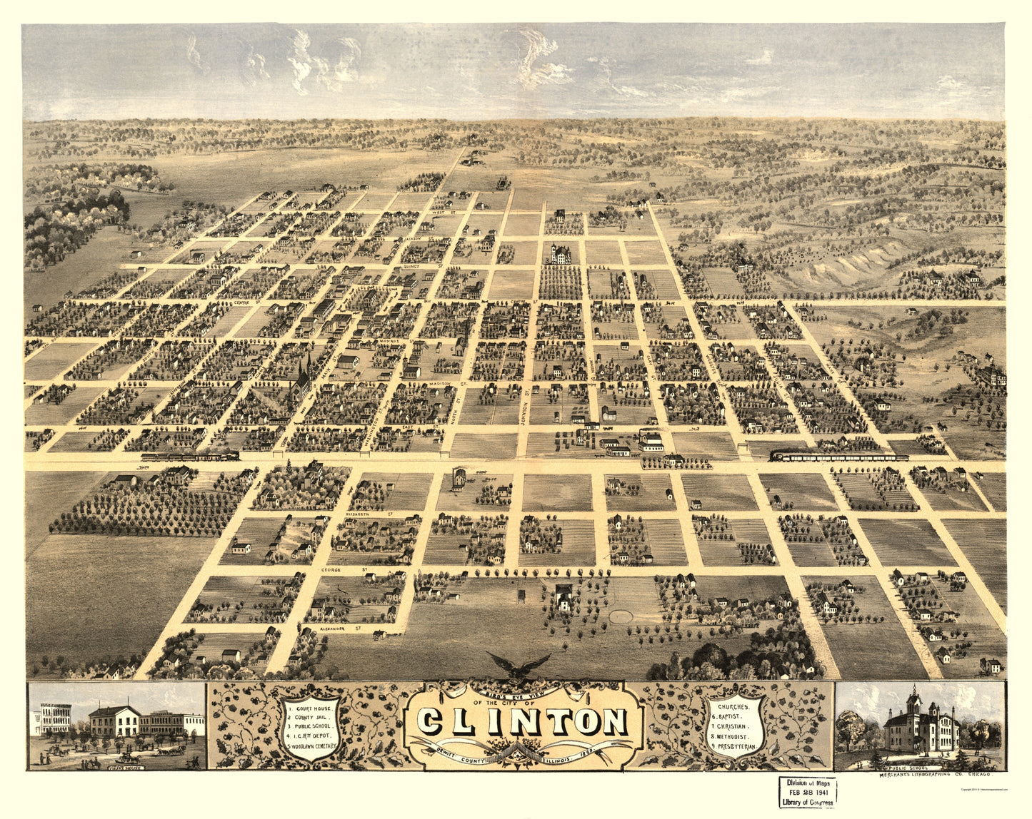 Historic Panoramic View - Clinton Illinois - Ruger 1869 - 23 x 28.95 - Vintage Wall Art