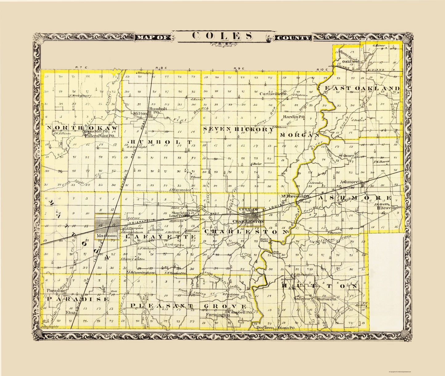 Historic County Map - Coles County Illinois - Warner 1876 - 23 x 27.23 - Vintage Wall Art