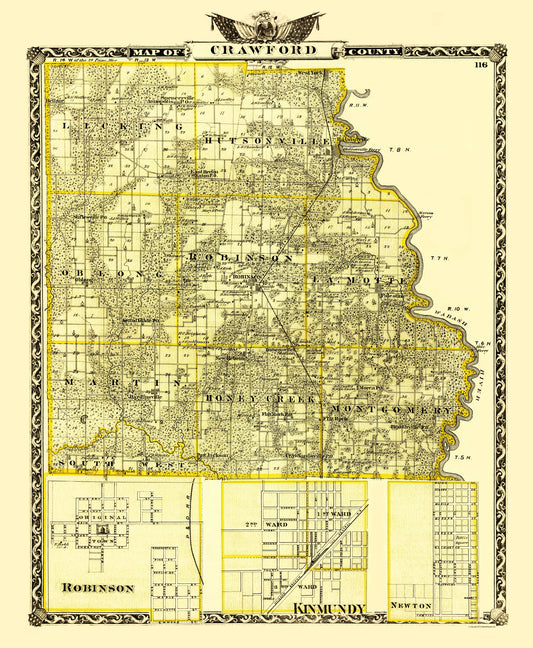 Historic County Map - Crawford County Illinois  - Warner 1870 - 23 x 27.98 - Vintage Wall Art