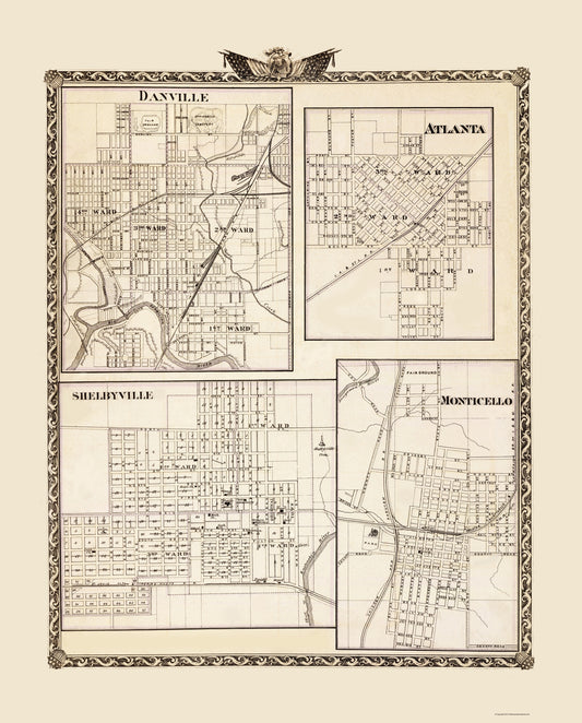 Historic City Map - Danville Atlanta Shelbyville Monticello Illinois - Beers 1876 - 23x28 - Vintage Wall Art