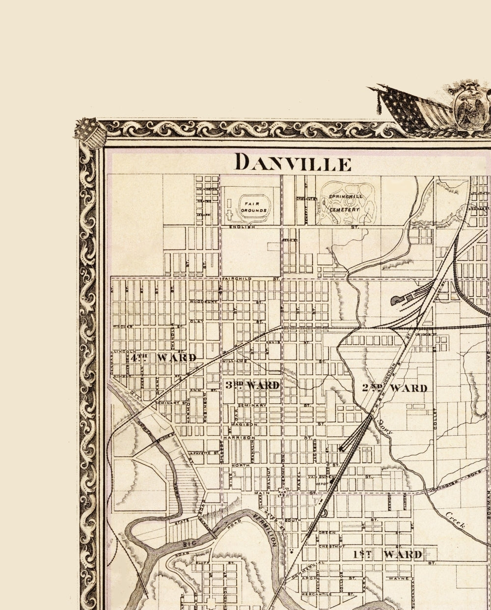 Historic City Map - Danville Atlanta Shelbyville Monticello Illinois - Beers 1876 - 23x28 - Vintage Wall Art