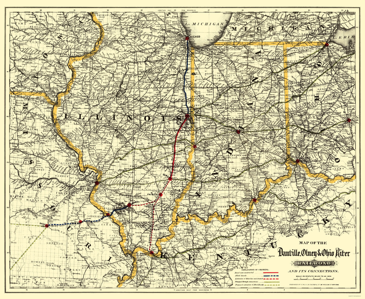 Railroad Map - Danville Olney and Ohio River RR - Colton 1881 - 23 x 28.08 - Vintage Wall Art