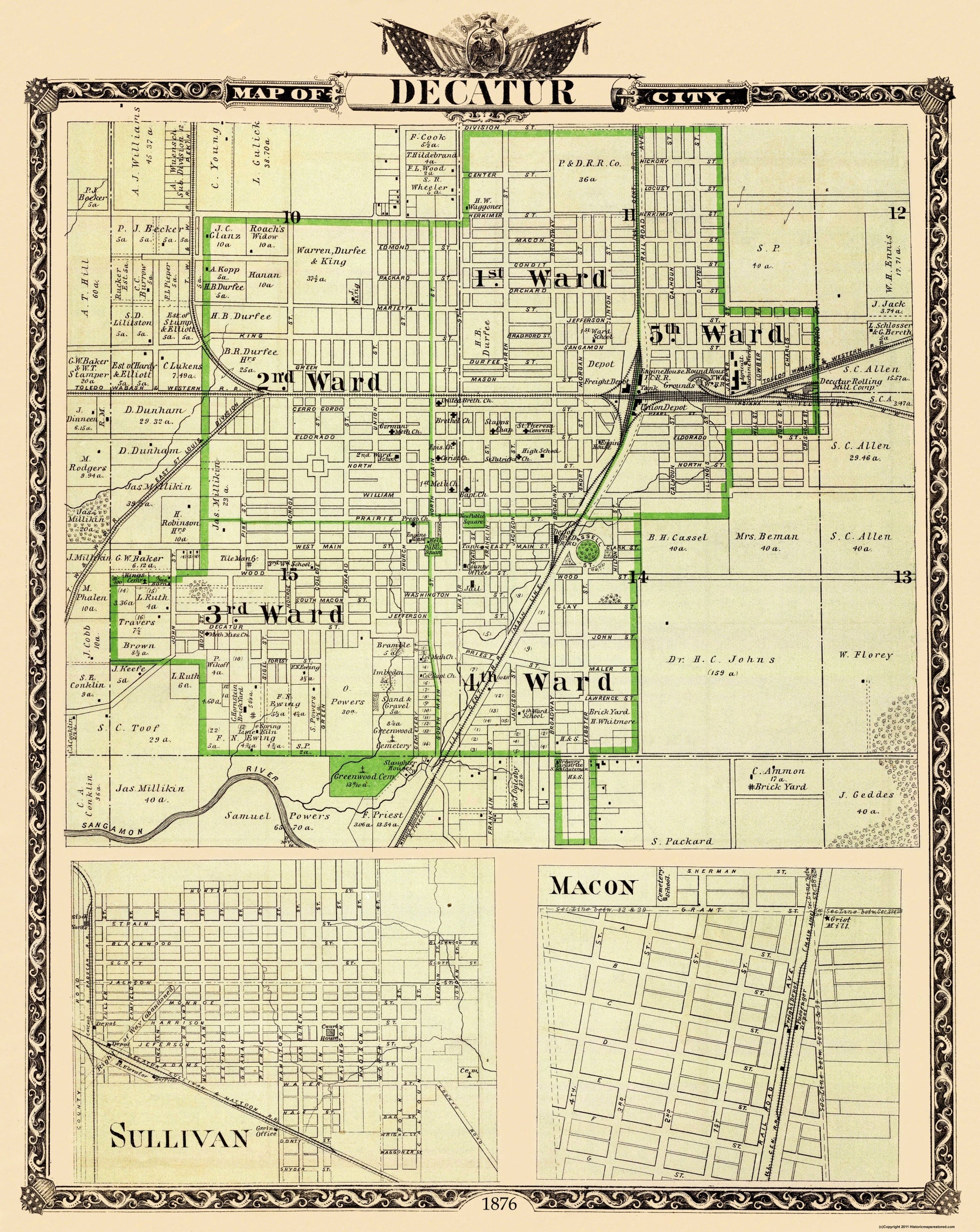 Historic City Map - Decatur Sullivan Illinois - Warner 1876 - Vintage ...