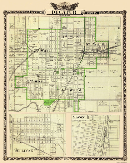 Historic City Map - Decatur Sullivan Illinois  - Warner 1876 - 23 x 28.94 - Vintage Wall Art