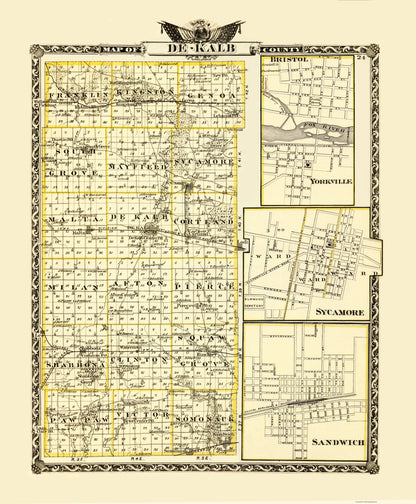 Historic County Map - De Kalb County Illinois - Warner 1876 - 23 x 27.88 - Vintage Wall Art