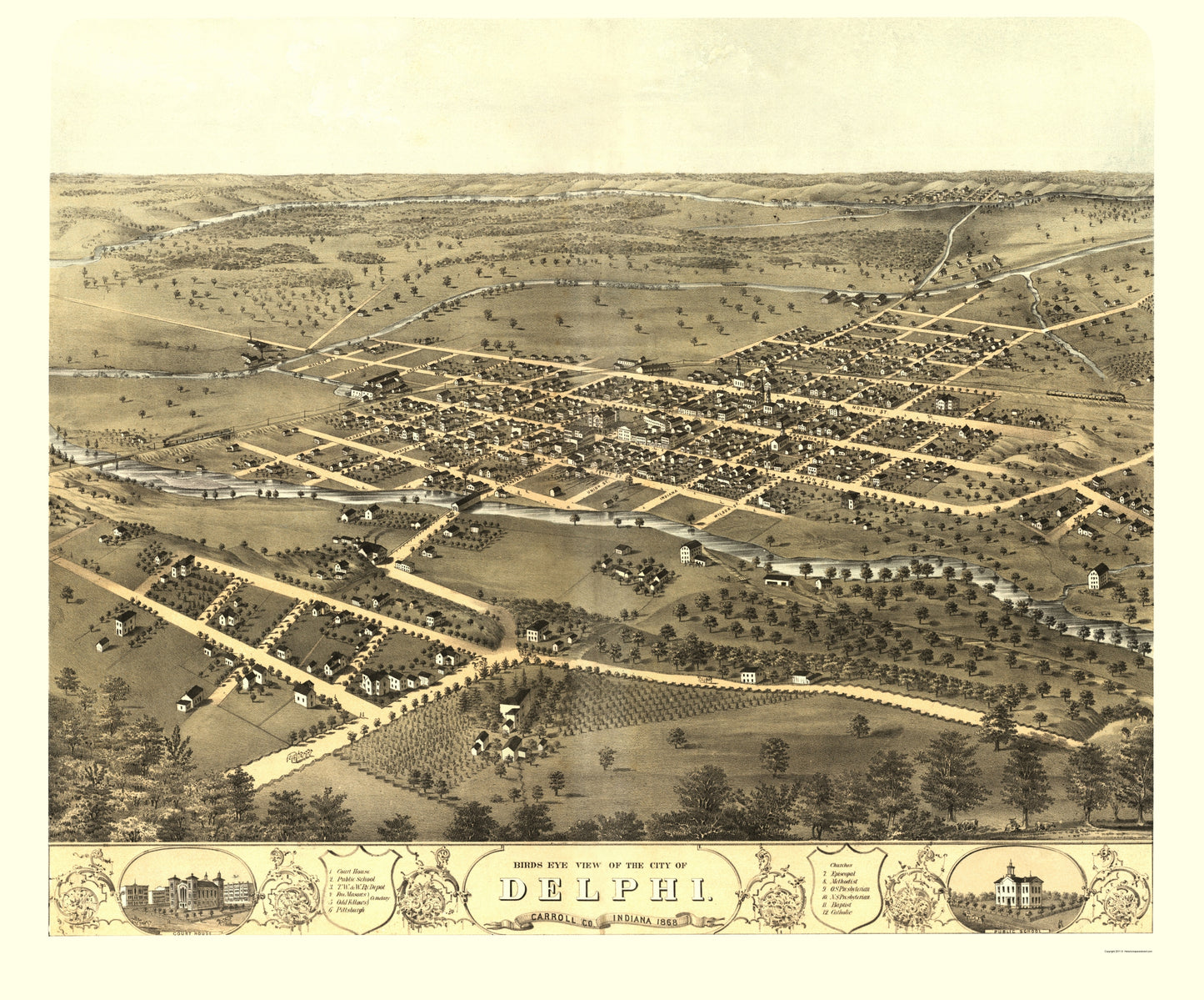 Historic Panoramic View - Delphi Indiana - Ruger 1869 - 23 x 27.73 - Vintage Wall Art