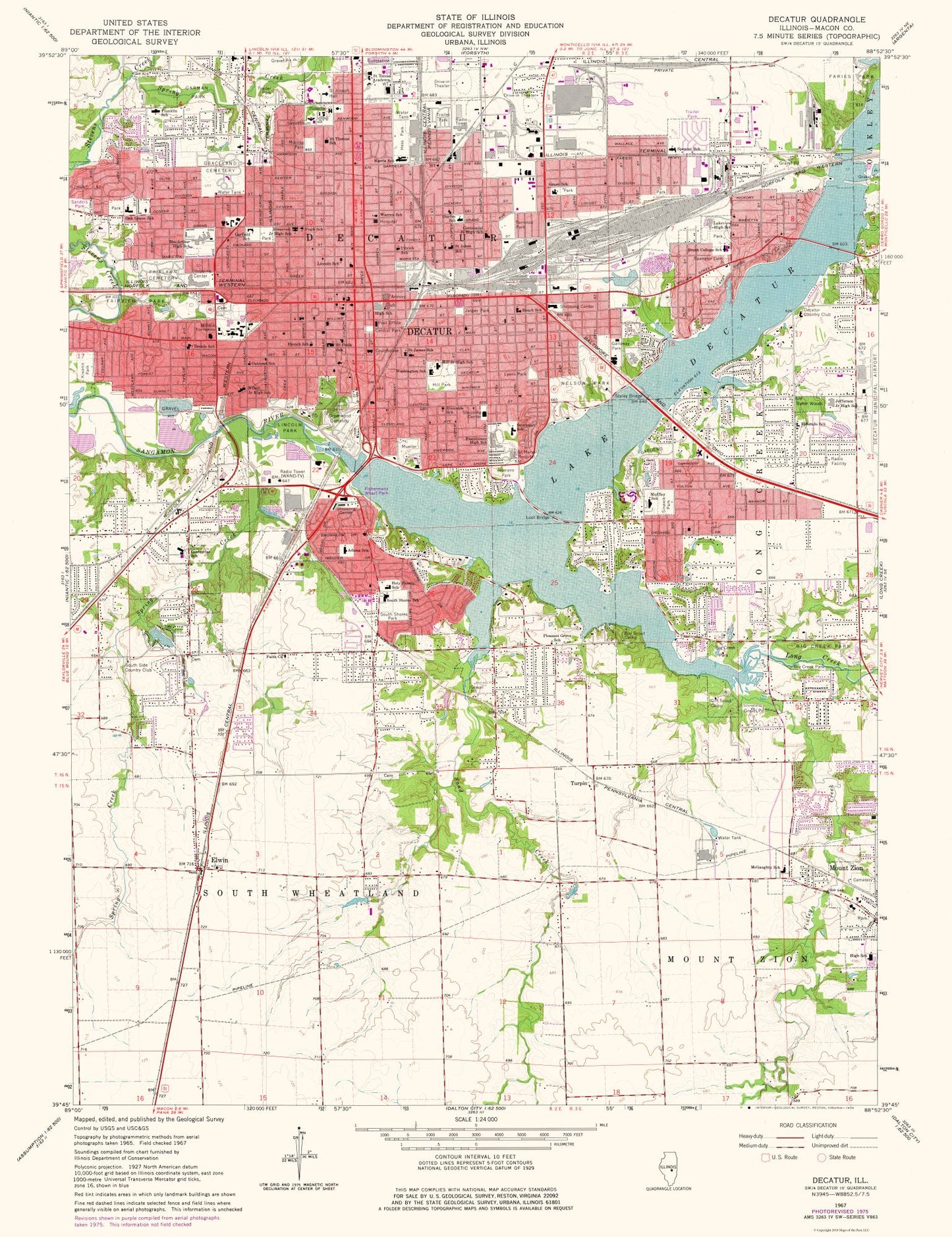 Topographical Map - Decatur Illinois Quad - USGS 1975 - 23 x 29.90 - Vintage Wall Art