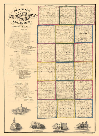 Historic County Map - De Kalb County Illinois - Lamb 1860 - 23 x 31.56 - Vintage Wall Art