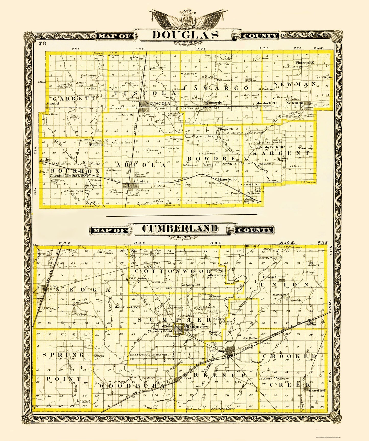 Historic County Map - Douglas Cumberland Counties Illinois - Warner 1870 - 23 x 27.54 - Vintage Wall Art