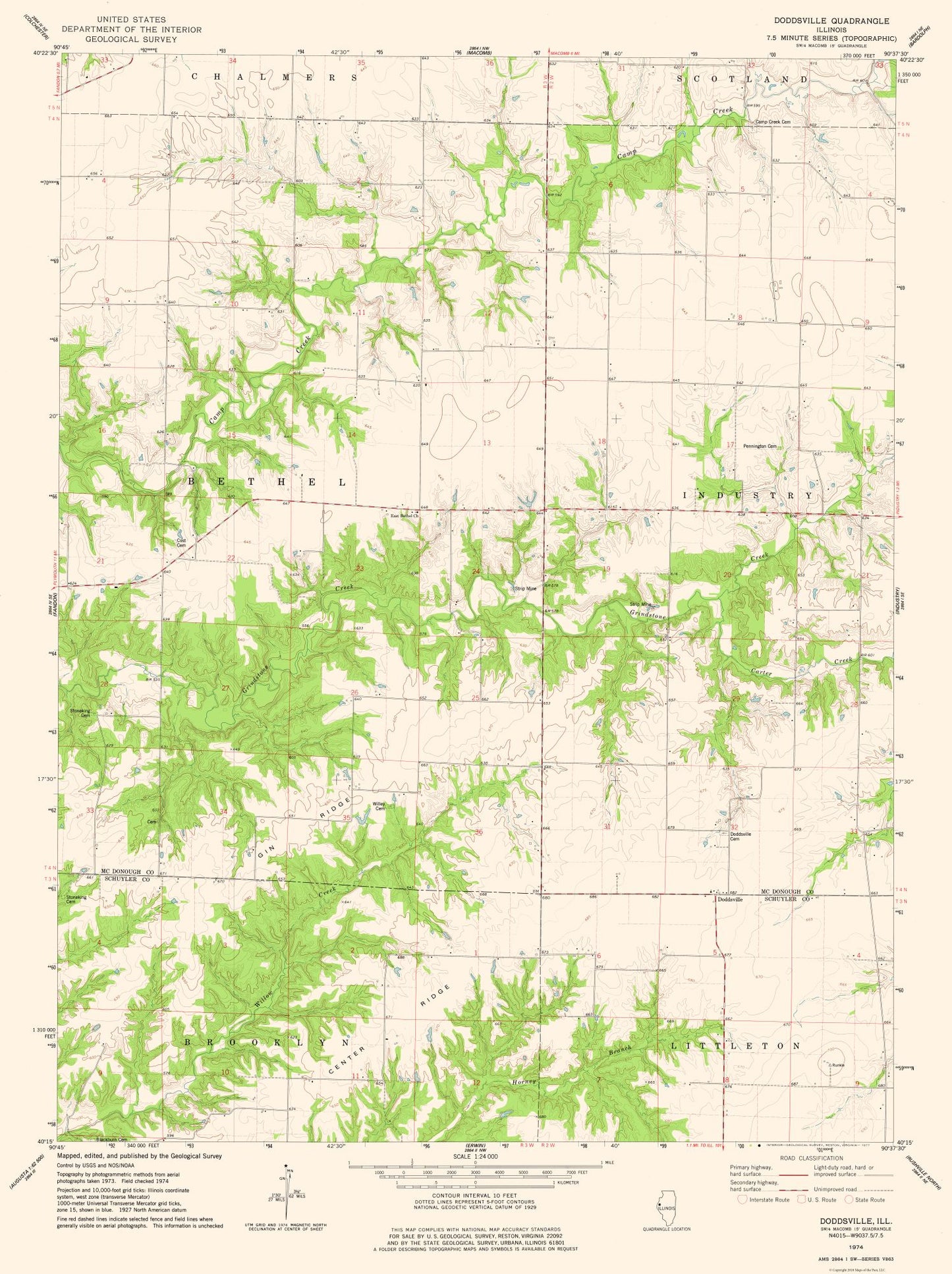 Topographical Map - Doddsville Illinois Quad - USGS 1974 - 23 x 30.77 - Vintage Wall Art