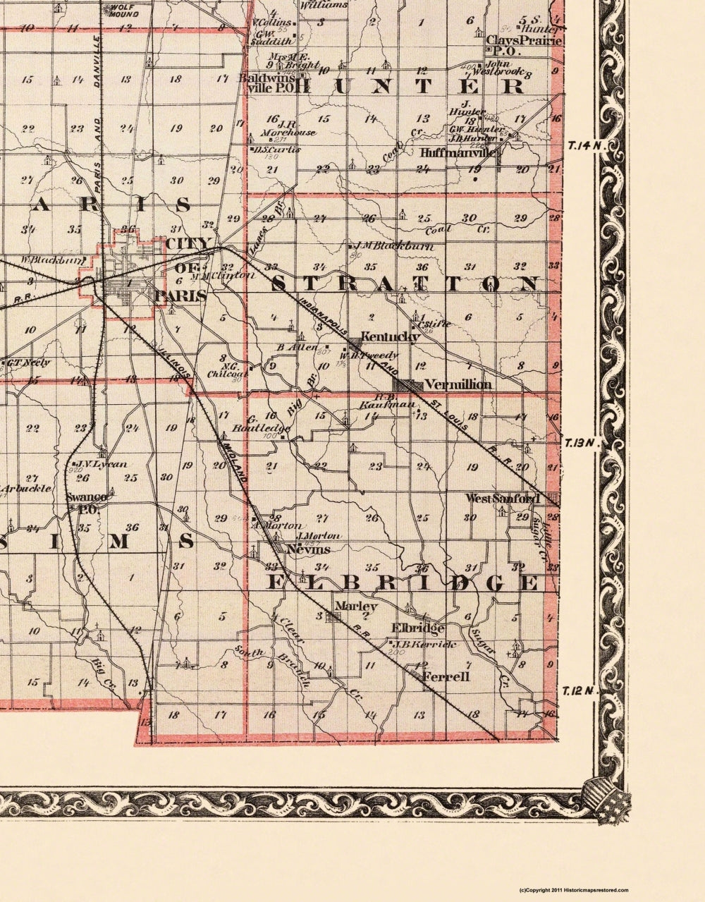 Historic County Map - Edgar County Illinois  - Warner 1876 - 23 x 29.44 - Vintage Wall Art