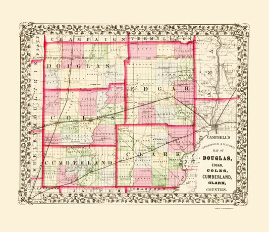 Historic County Map - Douglas Edgar Coles Cumberland Clark Counties Illinois - Campbell 1870 - 23x26 - Vintage Wall Art