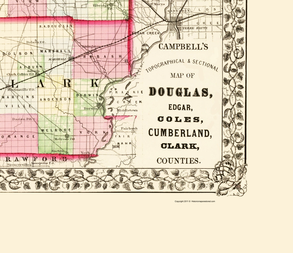 Historic County Map - Douglas Edgar Coles Cumberland Clark Counties Illinois - Campbell 1870 - 23x26 - Vintage Wall Art