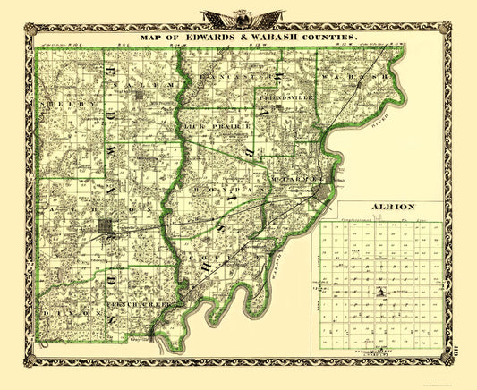 Historic County Map - Edwards Wabash Counties Illinois  - Warner 1870 - 23 x 28.11 - Vintage Wall Art