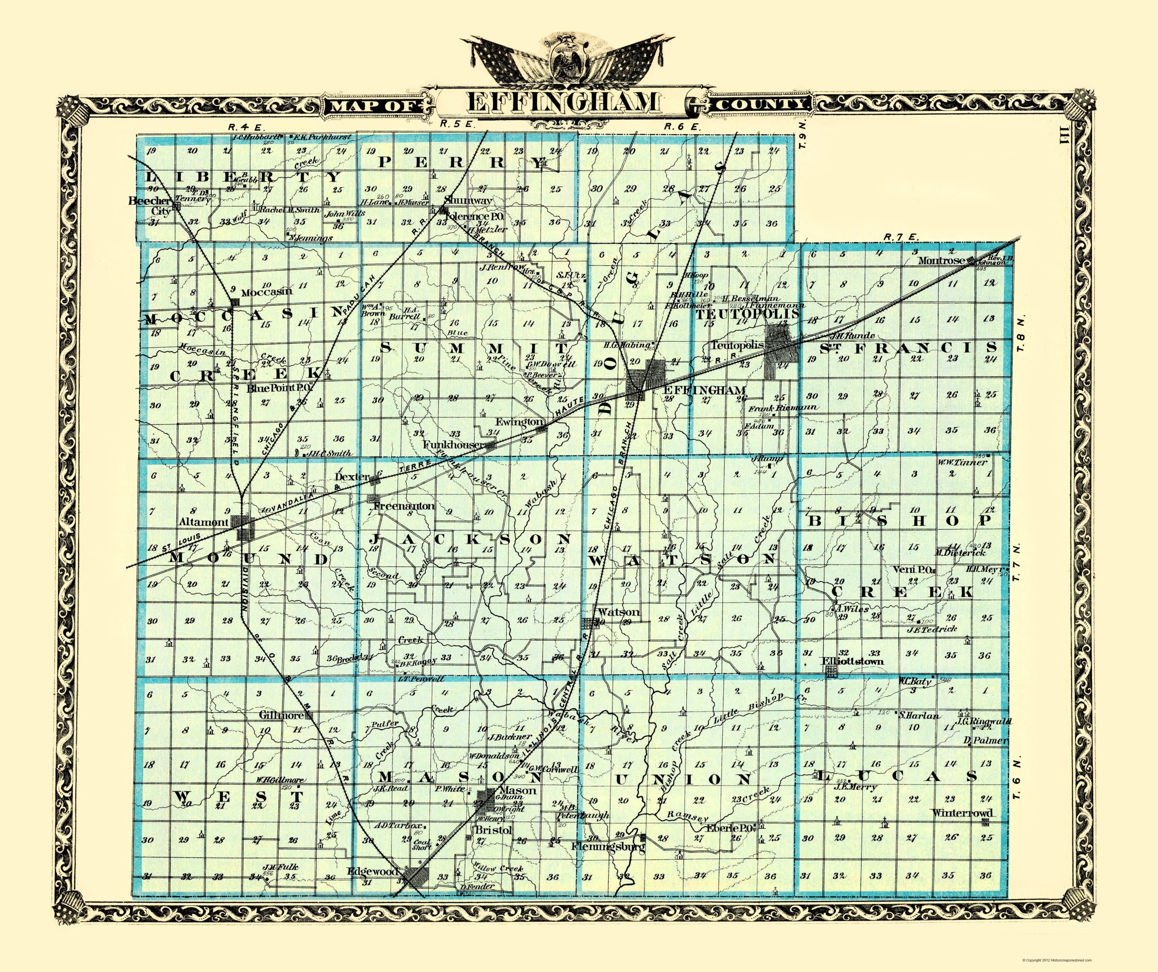 Historic County Map - Effingham County Illinois - Warner 1870 - 23 X 2 