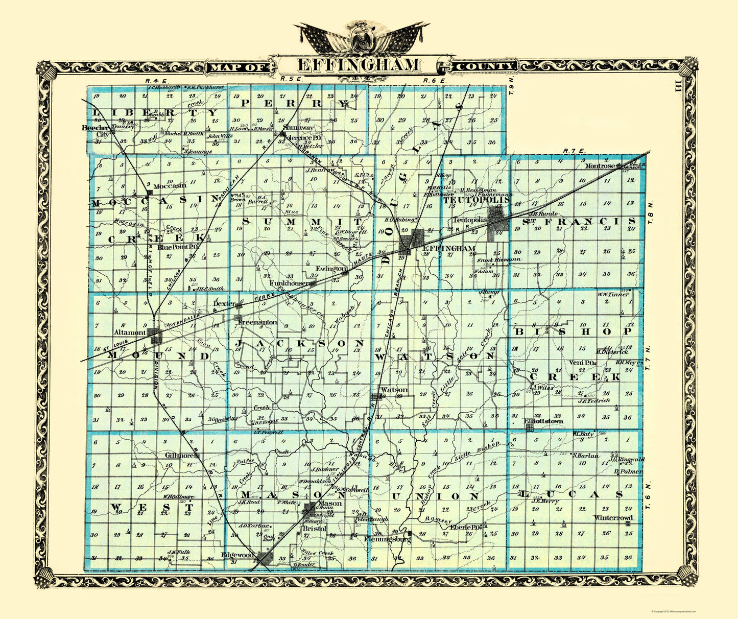 Historic County Map - Effingham County Illinois - Warner 1870 - 23 x 27.42 - Vintage Wall Art