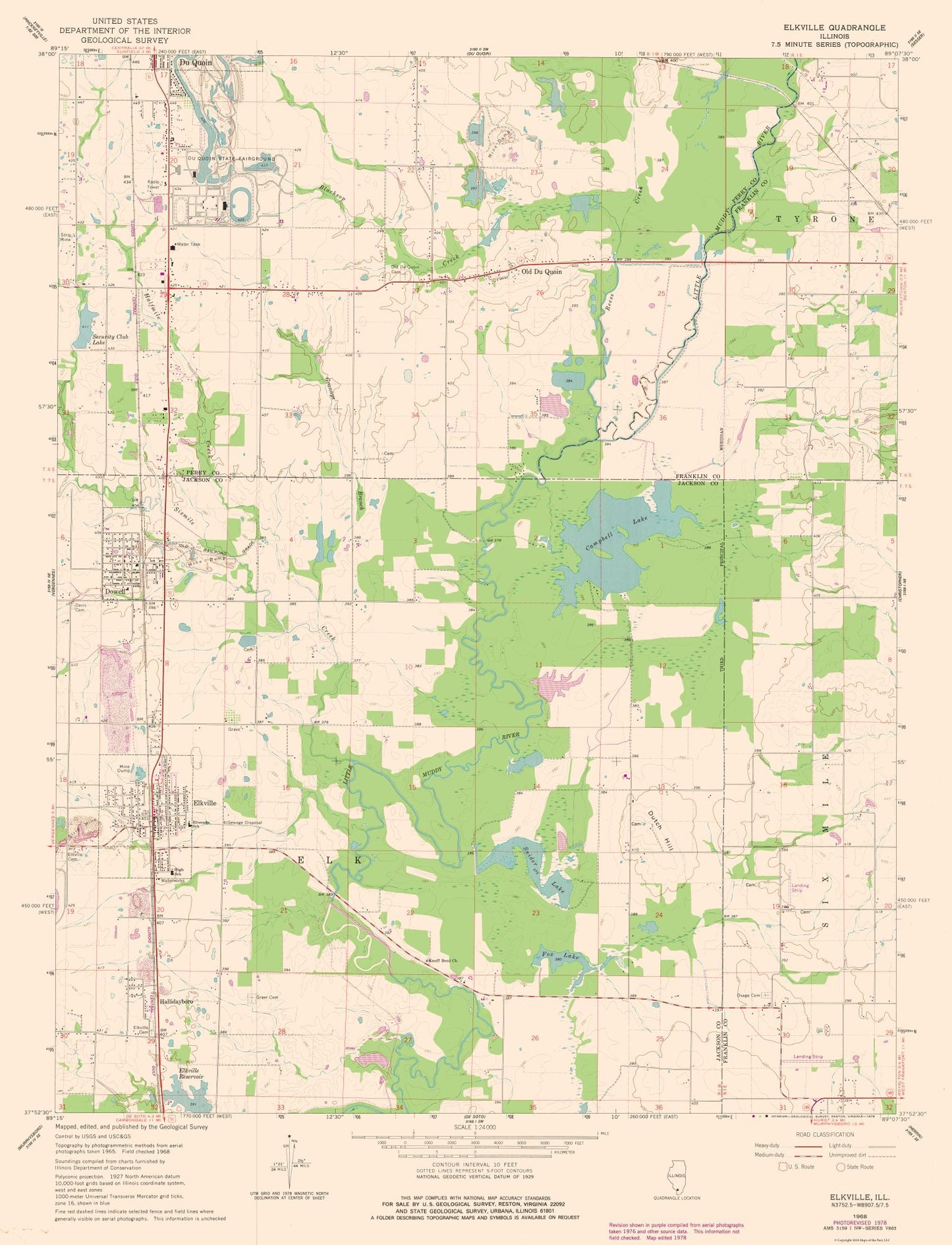 Topographical Map - Elkville Illinois Quad - USGS 1968 - 23 x 30.04 - Vintage Wall Art