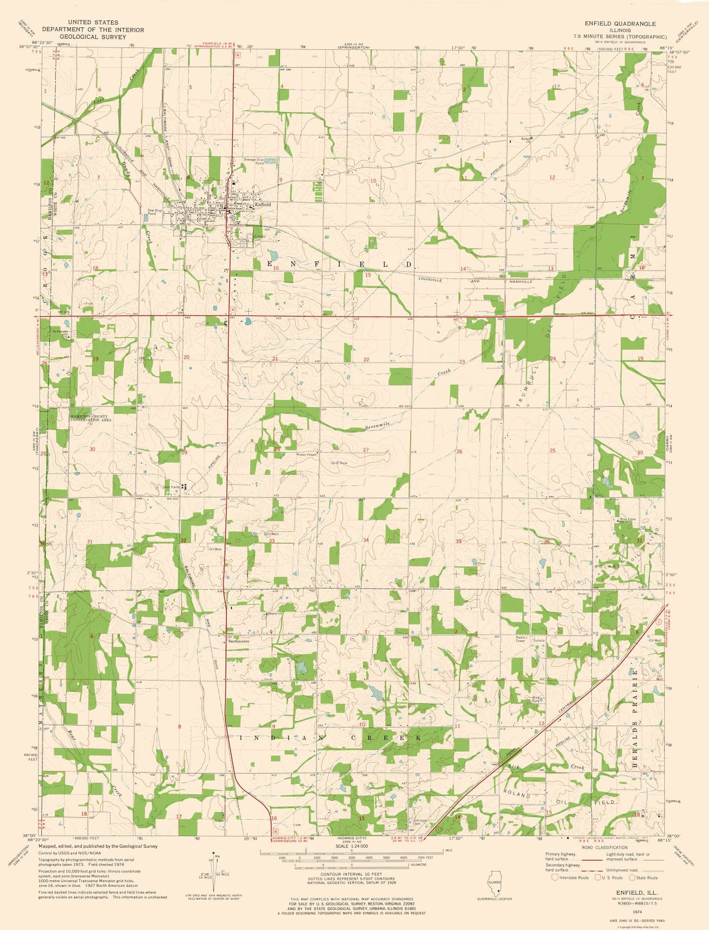 Topographical Map - Enfield Illinois Quad - USGS 1974 - 23 x 30.16 - Vintage Wall Art