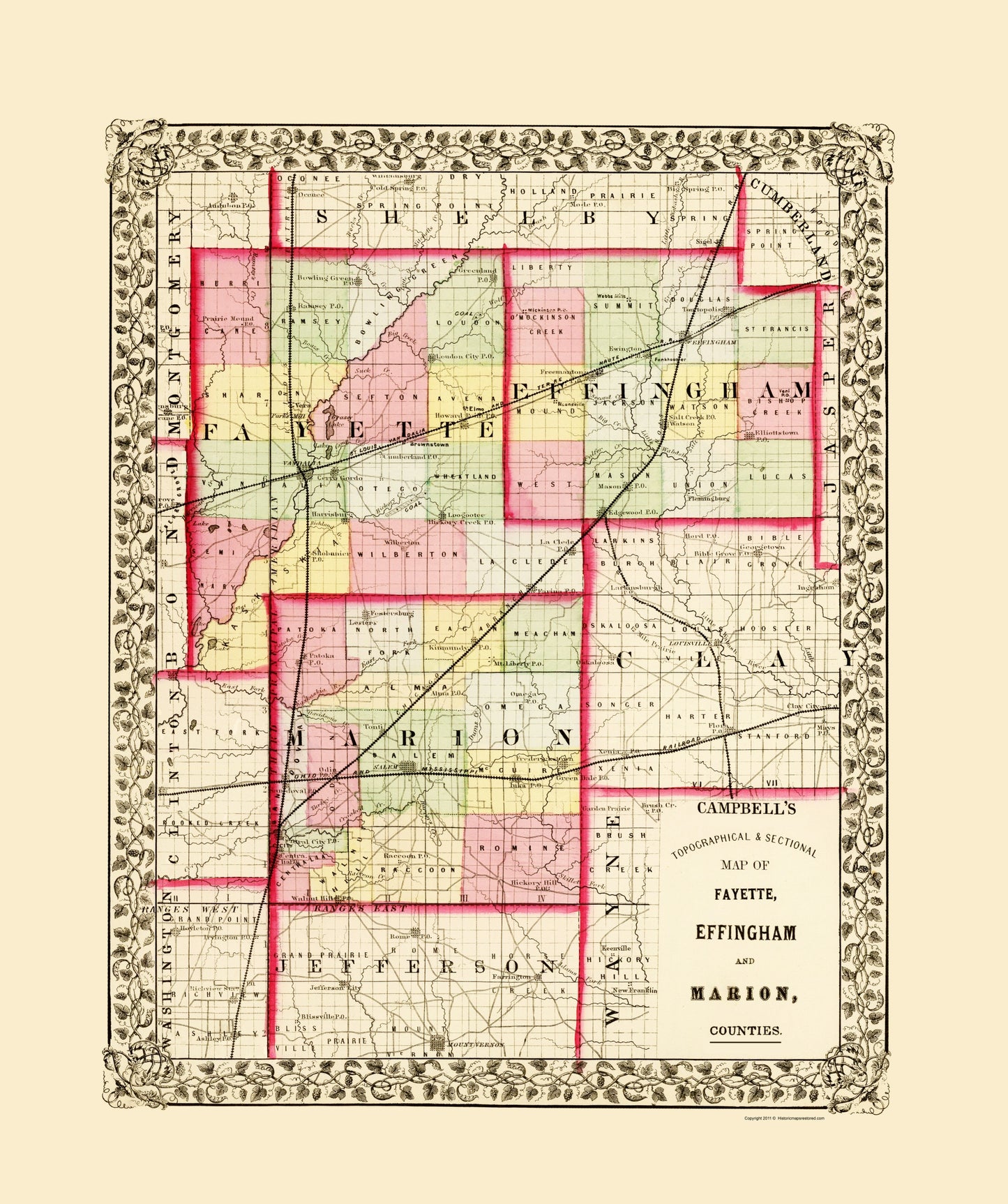 Historic County Map - Fayette Effingham Marion Counties Illinois - Campbell 1870 - 23 x 27.48 - Vintage Wall Art