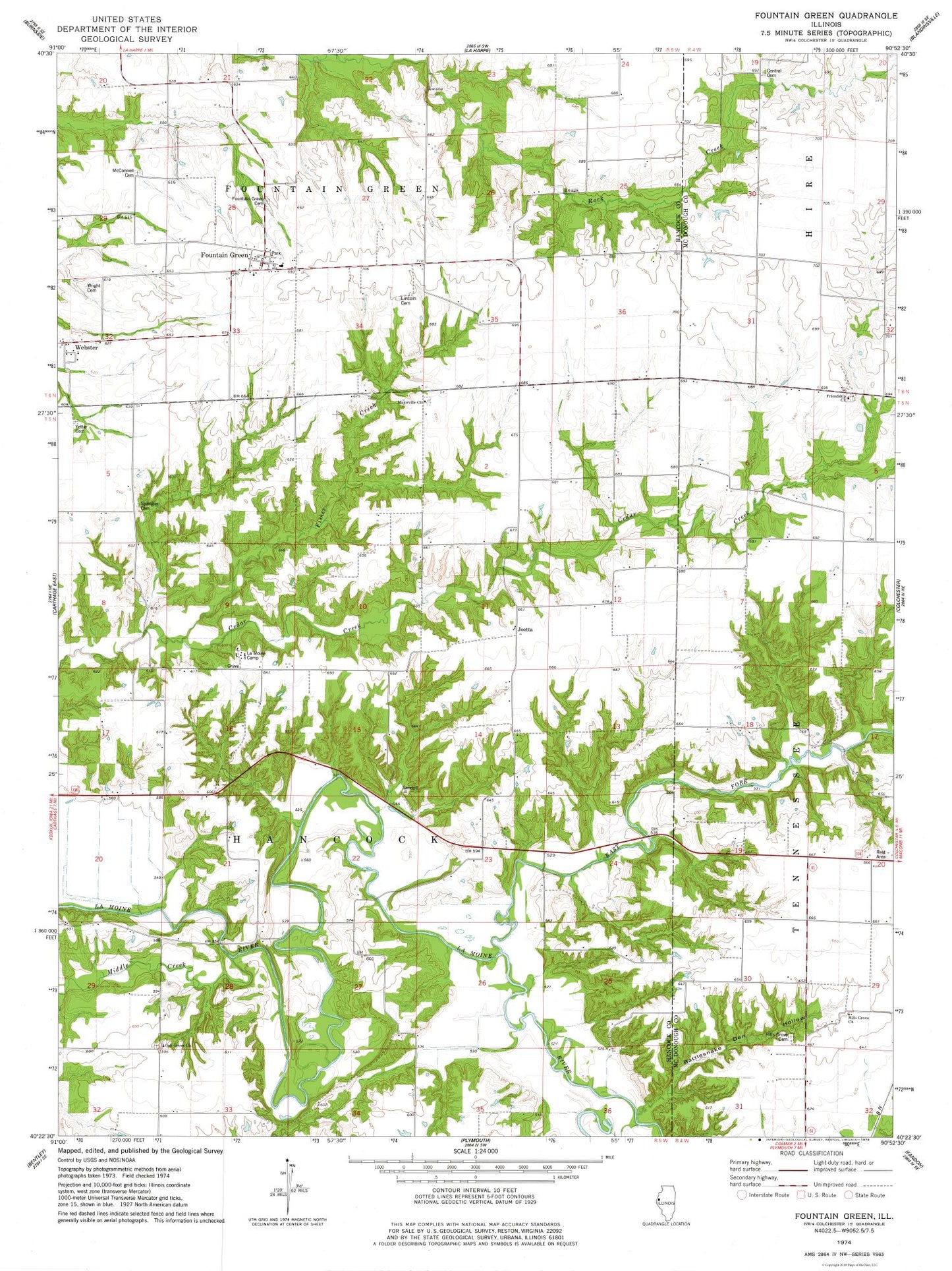 Topographical Map - Fountain Green Illinois Quad - USGS 1974 - 23 x 30.68 - Vintage Wall Art