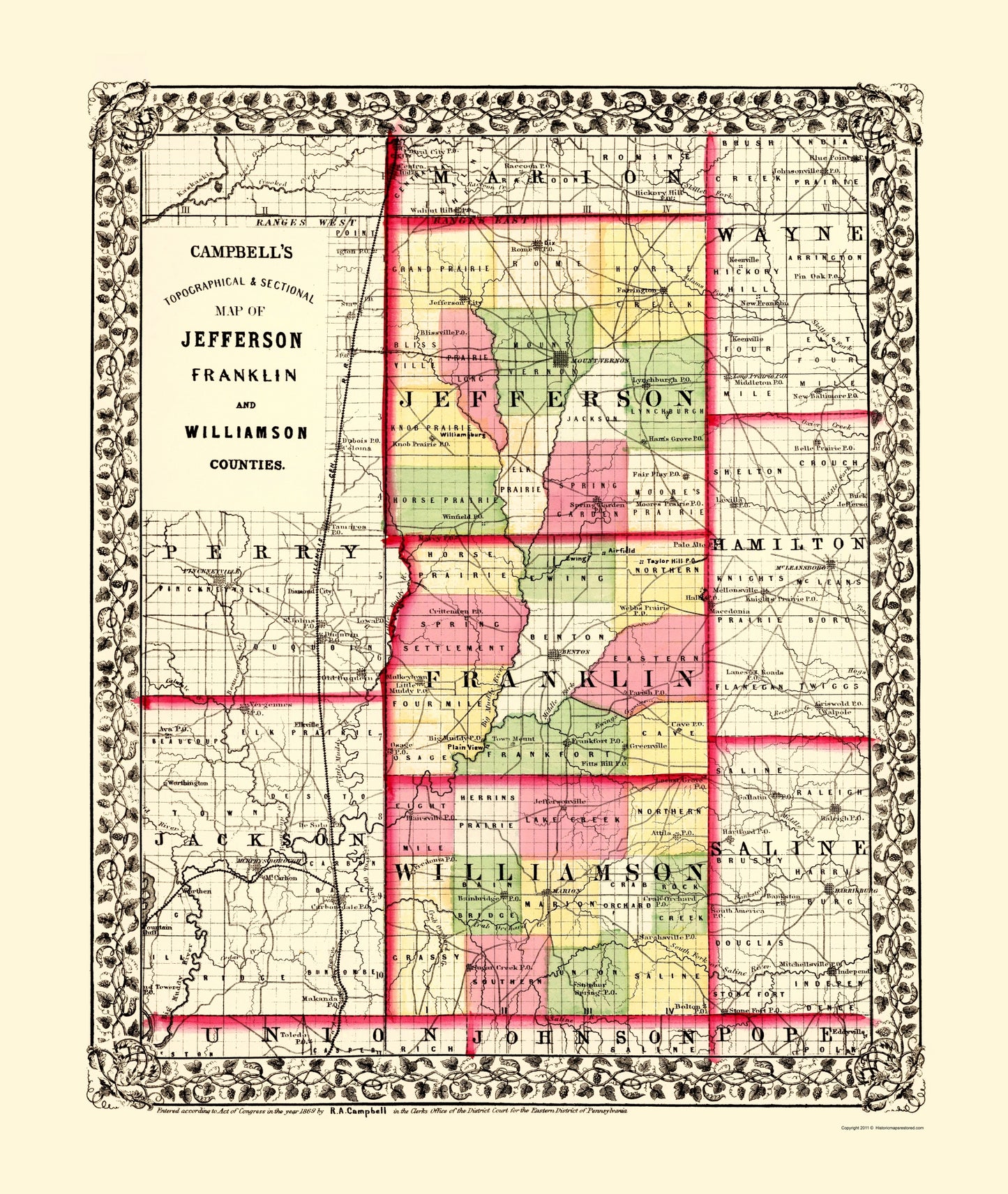 Historic County Map - Franklin Jefferson Williamson Counties Illinois - Campbell 1870 - 23 x 27.25 - Vintage Wall Art