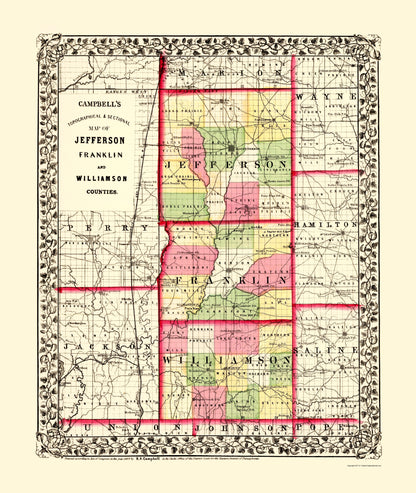 Historic County Map - Franklin Jefferson Williamson Counties Illinois - Campbell 1870 - 23 x 27.25 - Vintage Wall Art