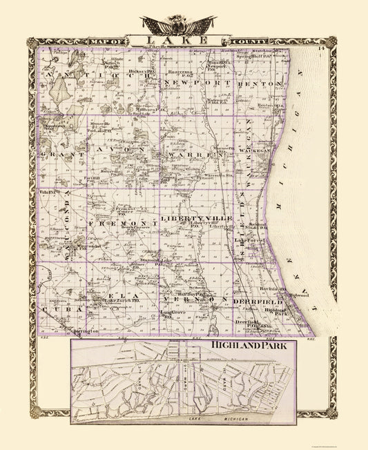 Historic County Map - Lake County Illinois  - Warner 1870 - 23 x 28.13 - Vintage Wall Art