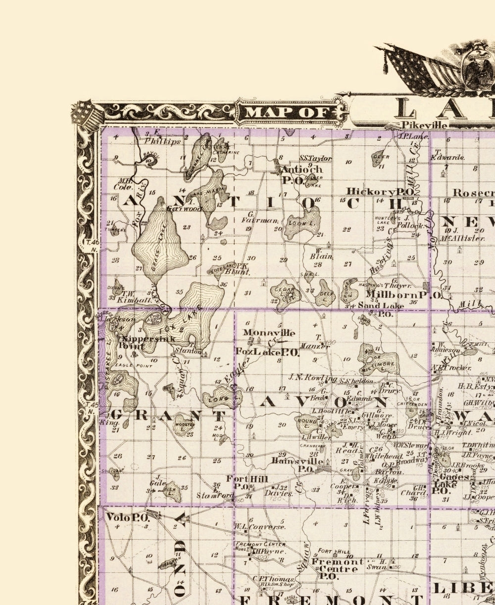 Historic County Map - Lake County Illinois  - Warner 1870 - 23 x 28.13 - Vintage Wall Art