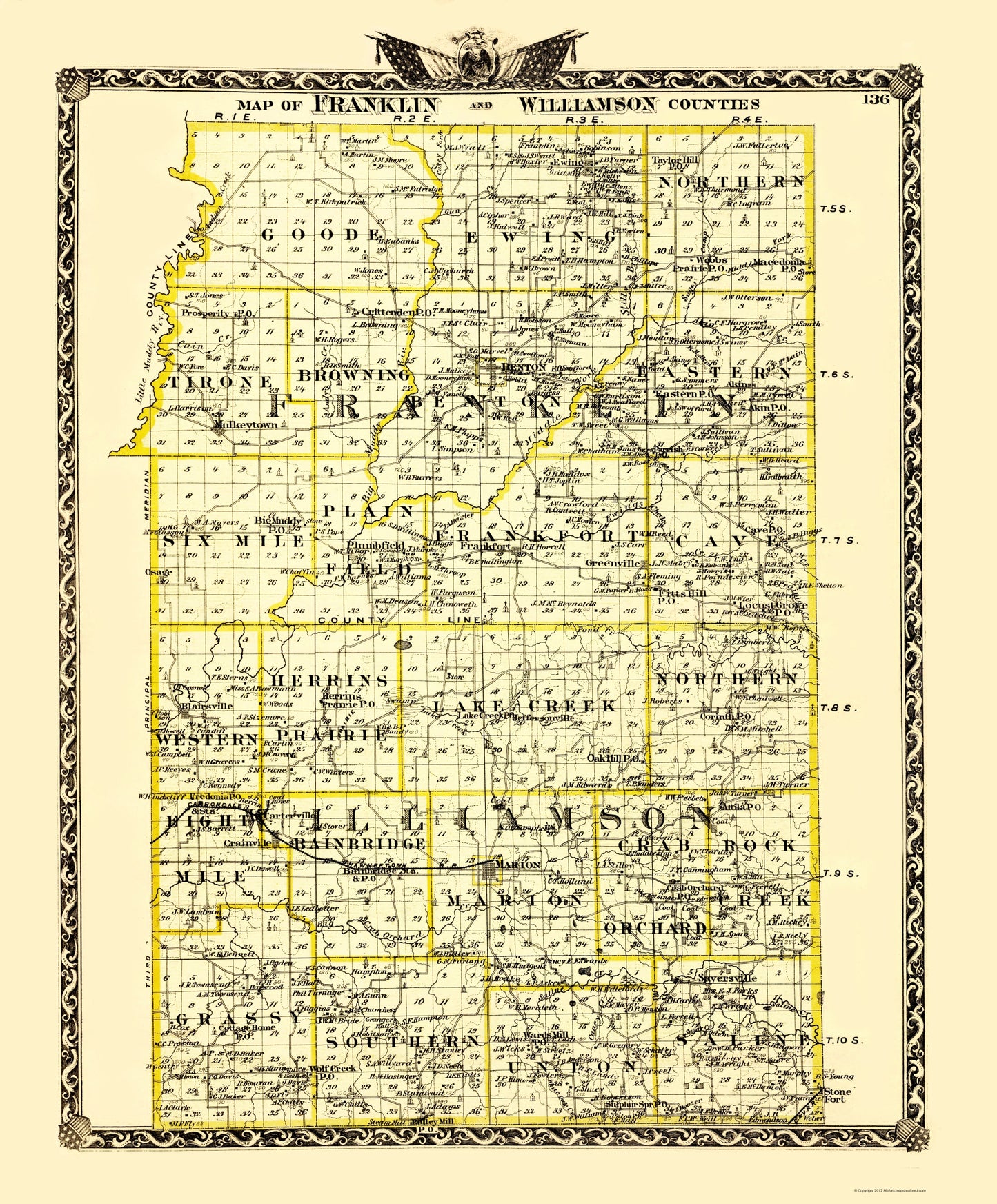 Historic County Map - Franklin Williamson Counties Illinois  - Warner 1870 - 23 x 27.77 - Vintage Wall Art