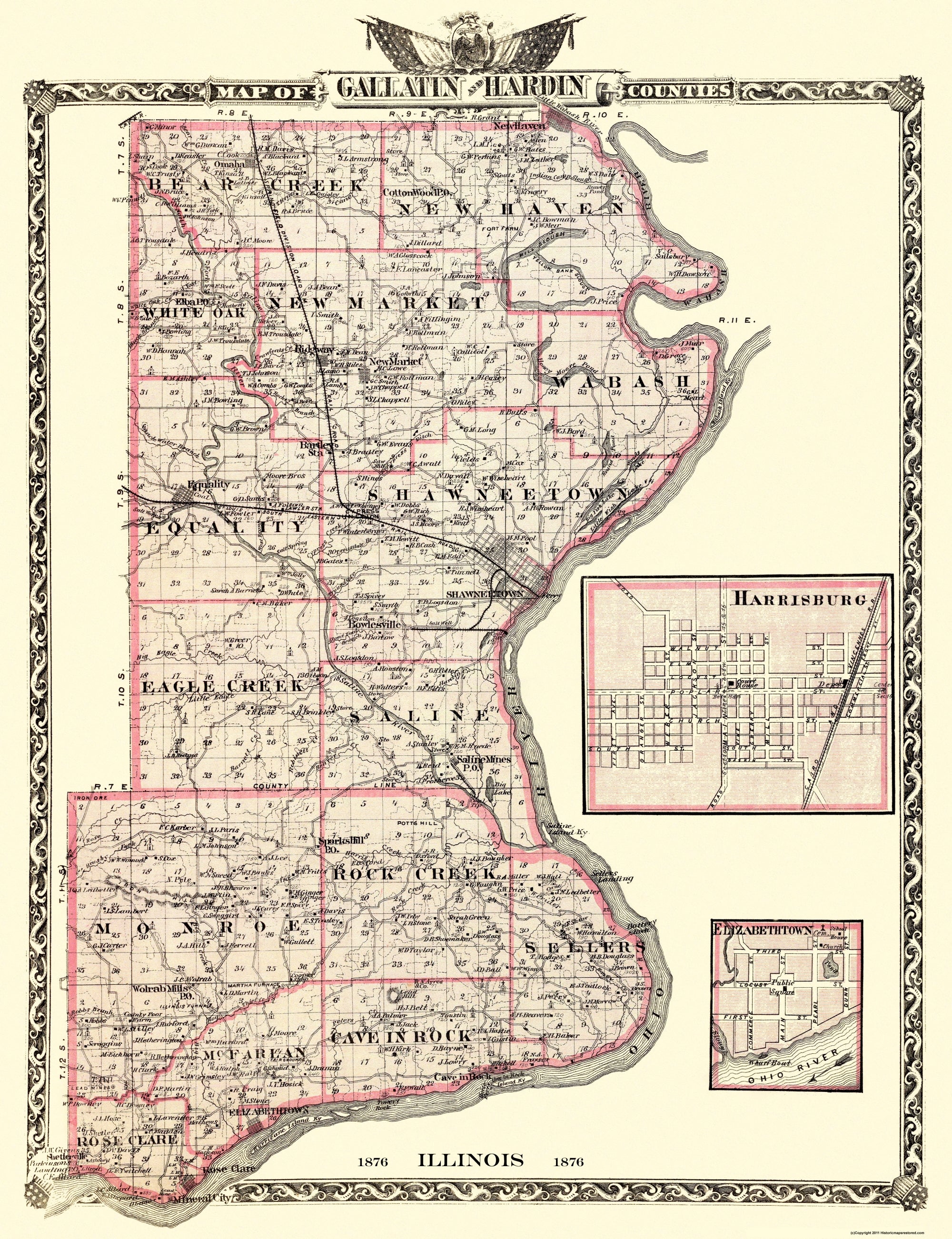 Historic County Map - Gallatin Hardin Counties Illinois - Warner 1876 ...