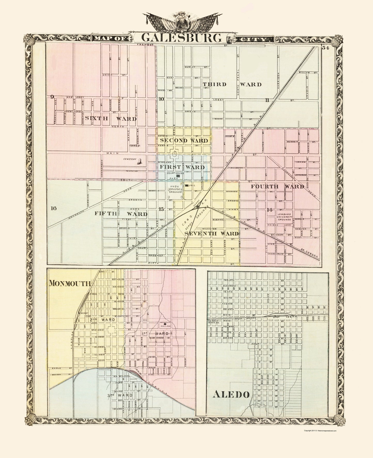 Historic City Map - Galesburg Monmouth Aledo Illinois - Warner 1876 - 23 x 28.23 - Vintage Wall Art