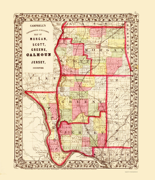 Historic County Map - Greene Jersey  Scott  Morgan  Calhoun Counties Illinois - Campbell 1870 - 23x26 - Vintage Wall Art
