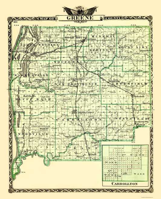 Historic County Map - Greene County Illinois  - Warner 1870 - 23 x 28.43 - Vintage Wall Art
