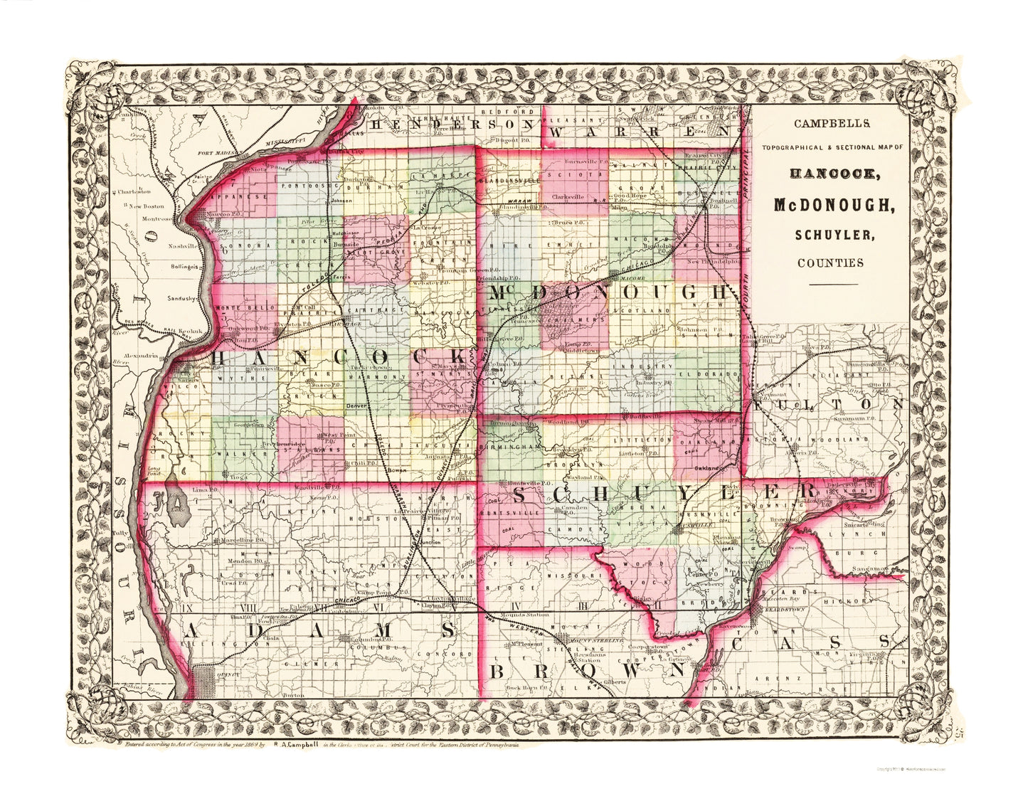 Historic County Map - Hancock Mcdonough Schuyler Counties Illinois - Campbell 1870 - 23 x 29.14 - Vintage Wall Art