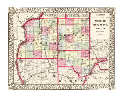 Historic County Map - Hancock Mcdonough Schuyler Counties Illinois - Campbell 1870 - 23 x 29.14 - Vintage Wall Art