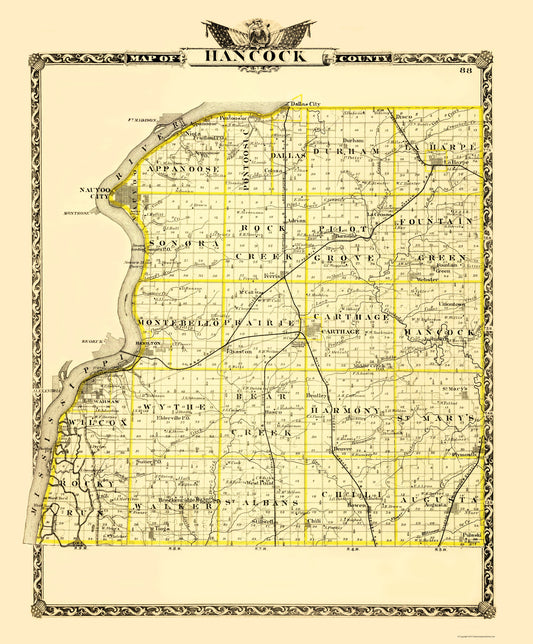 Historic County Map - Hancock County Illinois  - Warner 1870 - 23 x 27.78 - Vintage Wall Art