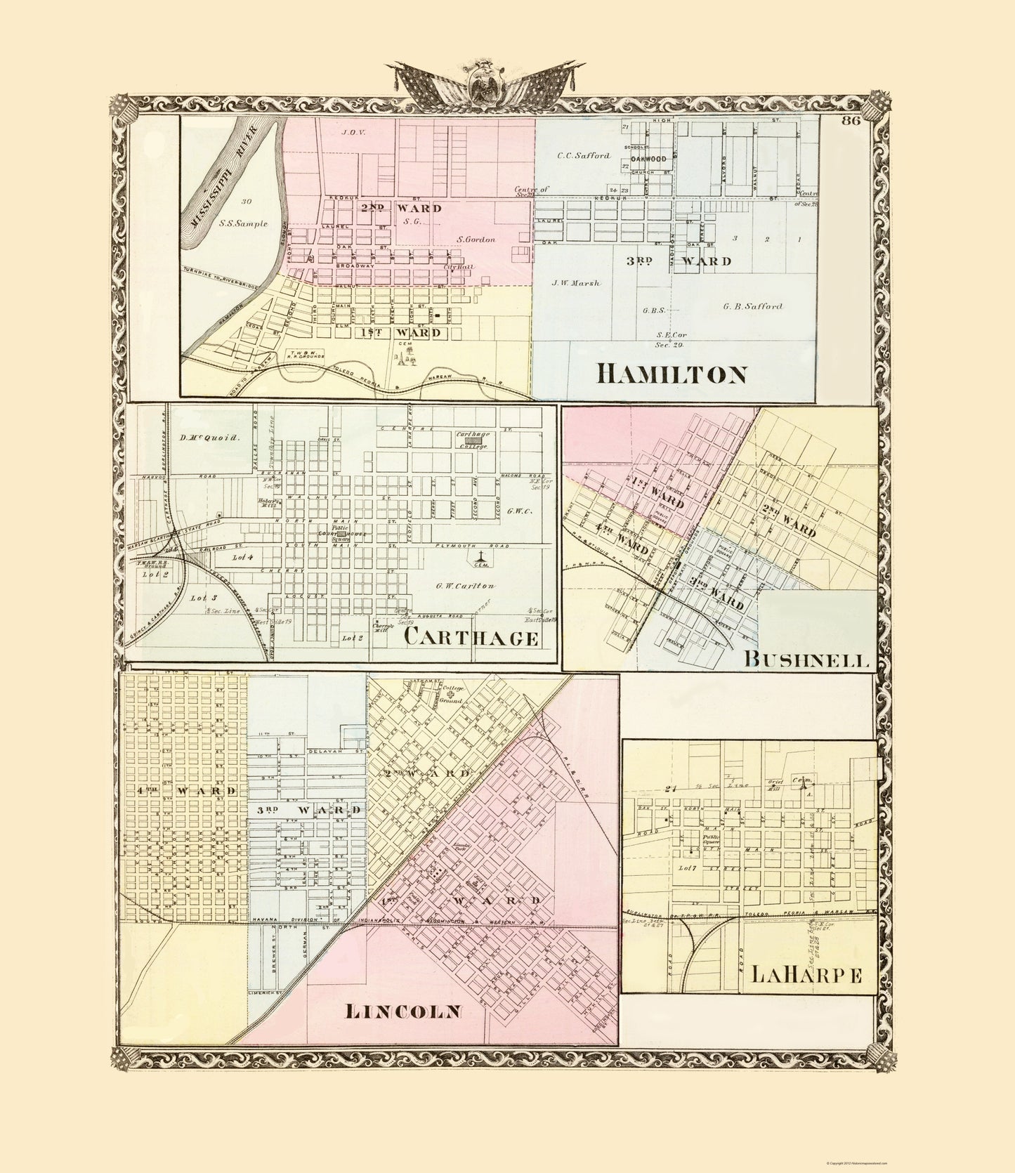 Historic City Map - Hamilton Carthage Bushnell Lincoln Laharpe Illinois - Warner 1876 - 23x26 - Vintage Wall Art