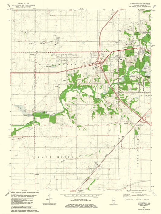 Topographical Map - Harristown Illinois Quad - USGS 1982 - 23 x 30.49 - Vintage Wall Art