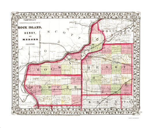 Historic County Map - Henry Rock Island Mercer Counties Illinois - Campbell 1870 - 23 x 27.76 - Vintage Wall Art