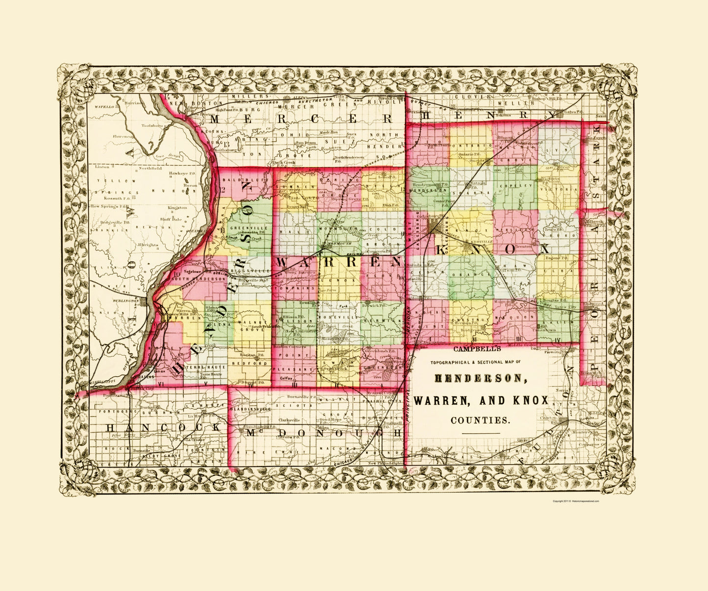 Historic County Map - Henderson Warren Knox Counties Illinois - Campbell 1870 - 23 x 27.55 - Vintage Wall Art